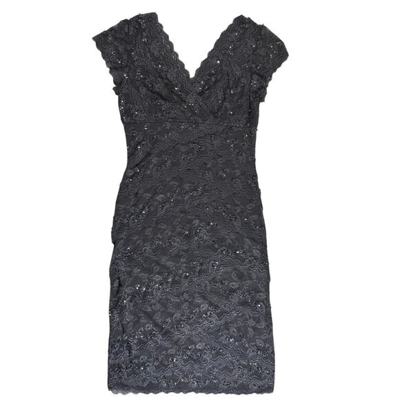 Marina Mesh Sheath Dress Women's Gunmetal Gray Stretch Sequins Scalloped Lace - Picture 1 of 7